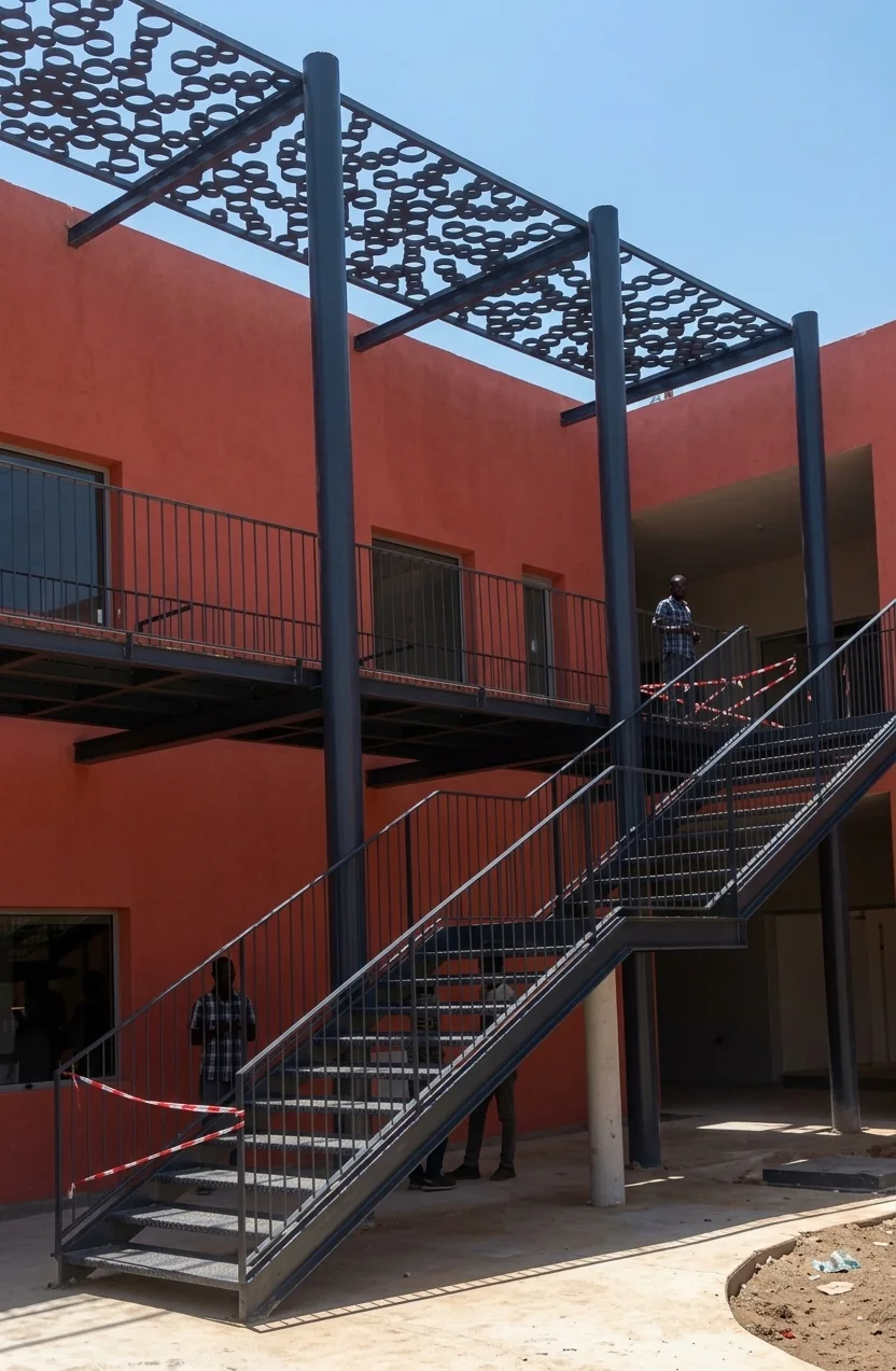 Escada metálica exterior num edifício escolar em Benguela