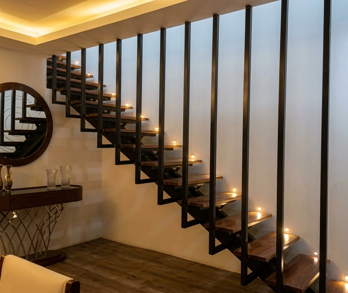 Escada interior em aço e madeira com iluminação embutida