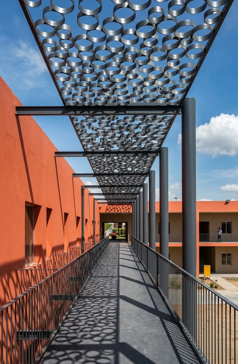 Passadiço coberto com pérgola metálica perfurada, Benguela